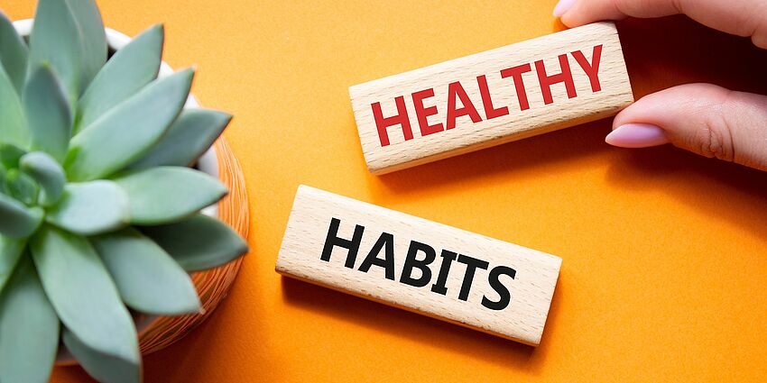 Succulent next to hand placing blocks on a table that reads healthy habits