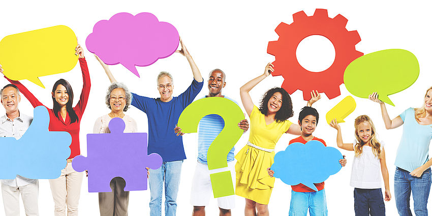 diverse group of people holding thought bubbles