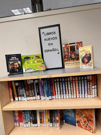 Book shelves with a books in spanish sign
